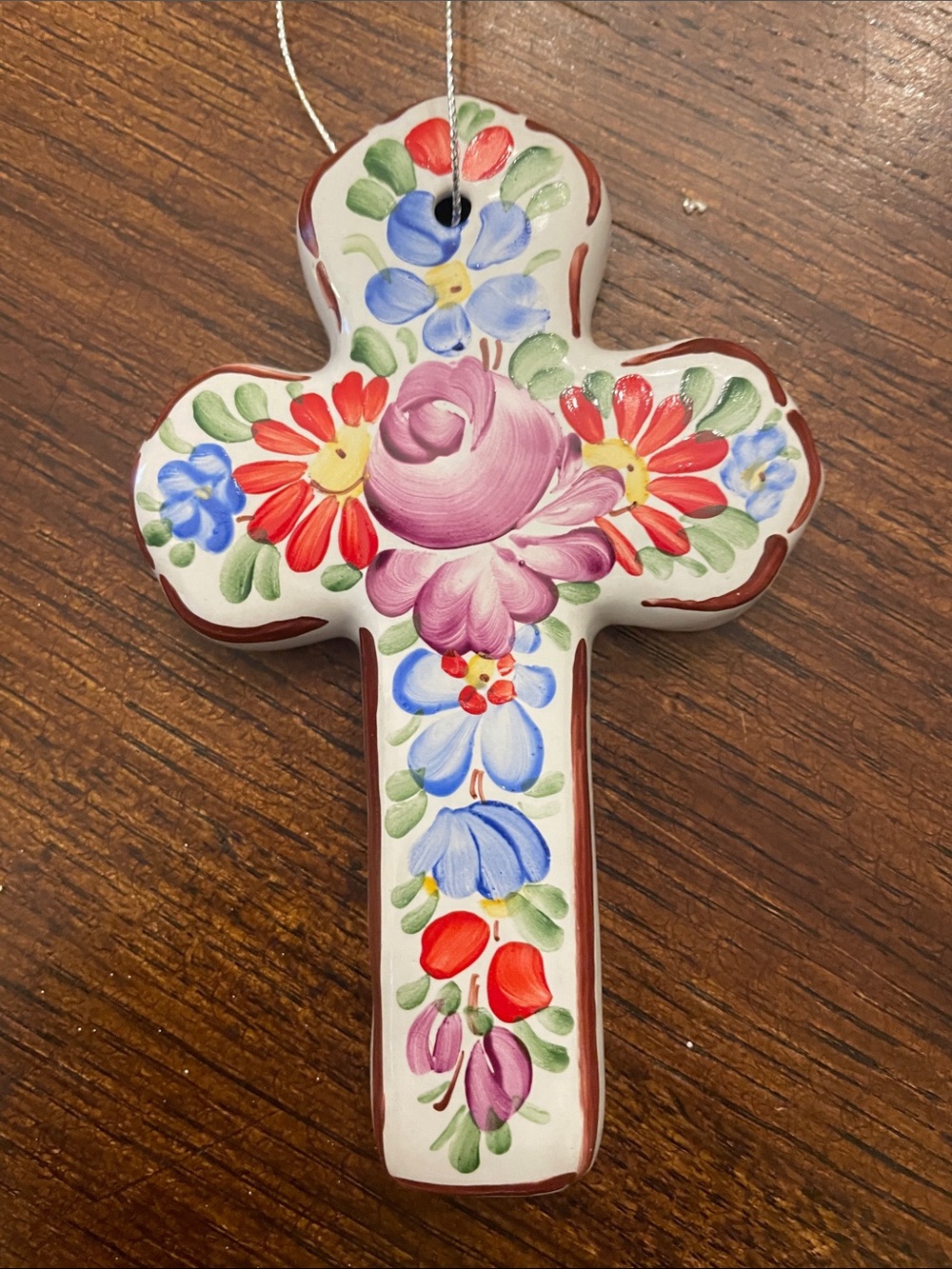 Hand-Painted Floral Ceramic Cross Ornament - Multicolor